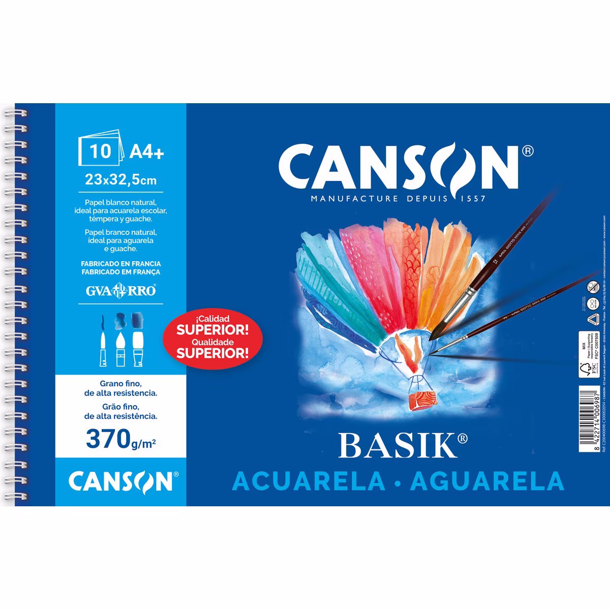 BLOCO DESENHO AGUARELA ESPIRAL BASIK  A4 - 10 FLH - 370 GR. CANSON