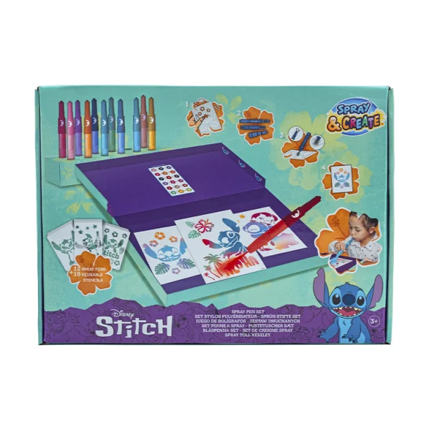 CONJUNTO  CAIXA  C/12 CANETAS DE SOPRO + STENCIL - STITCH
